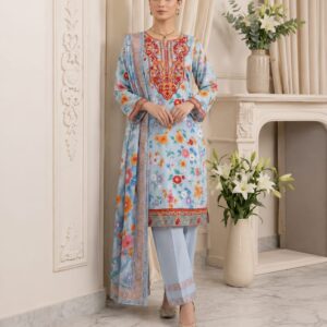 Blue Petal Charm – Embroidered 3PC Suit