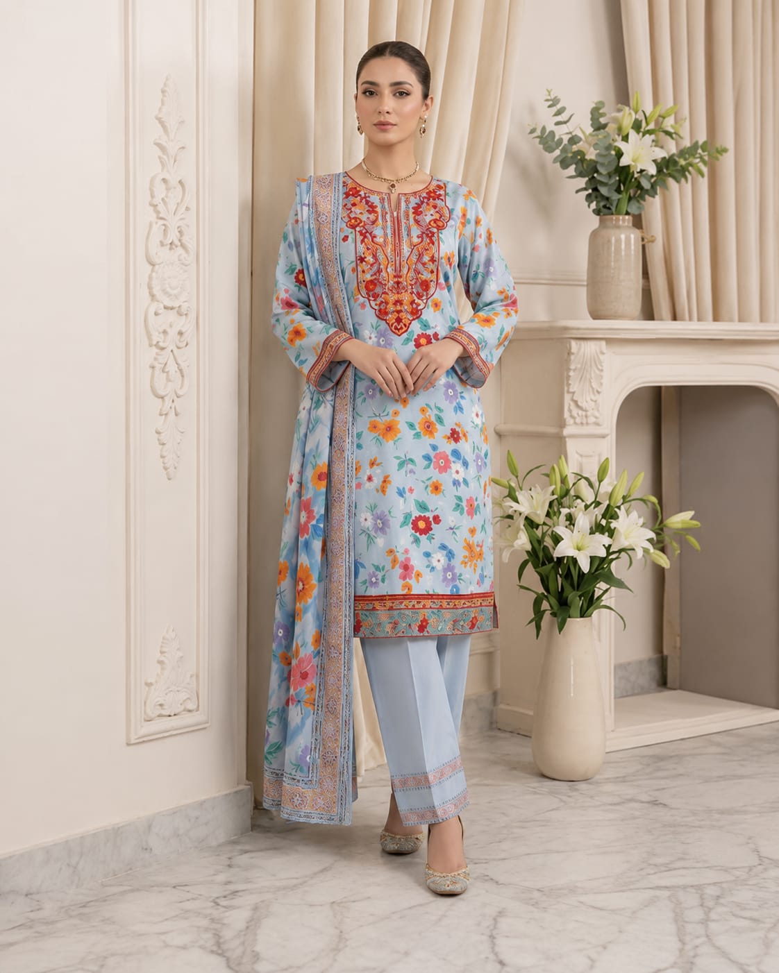 Blue Petal Charm – Embroidered 3PC Suit