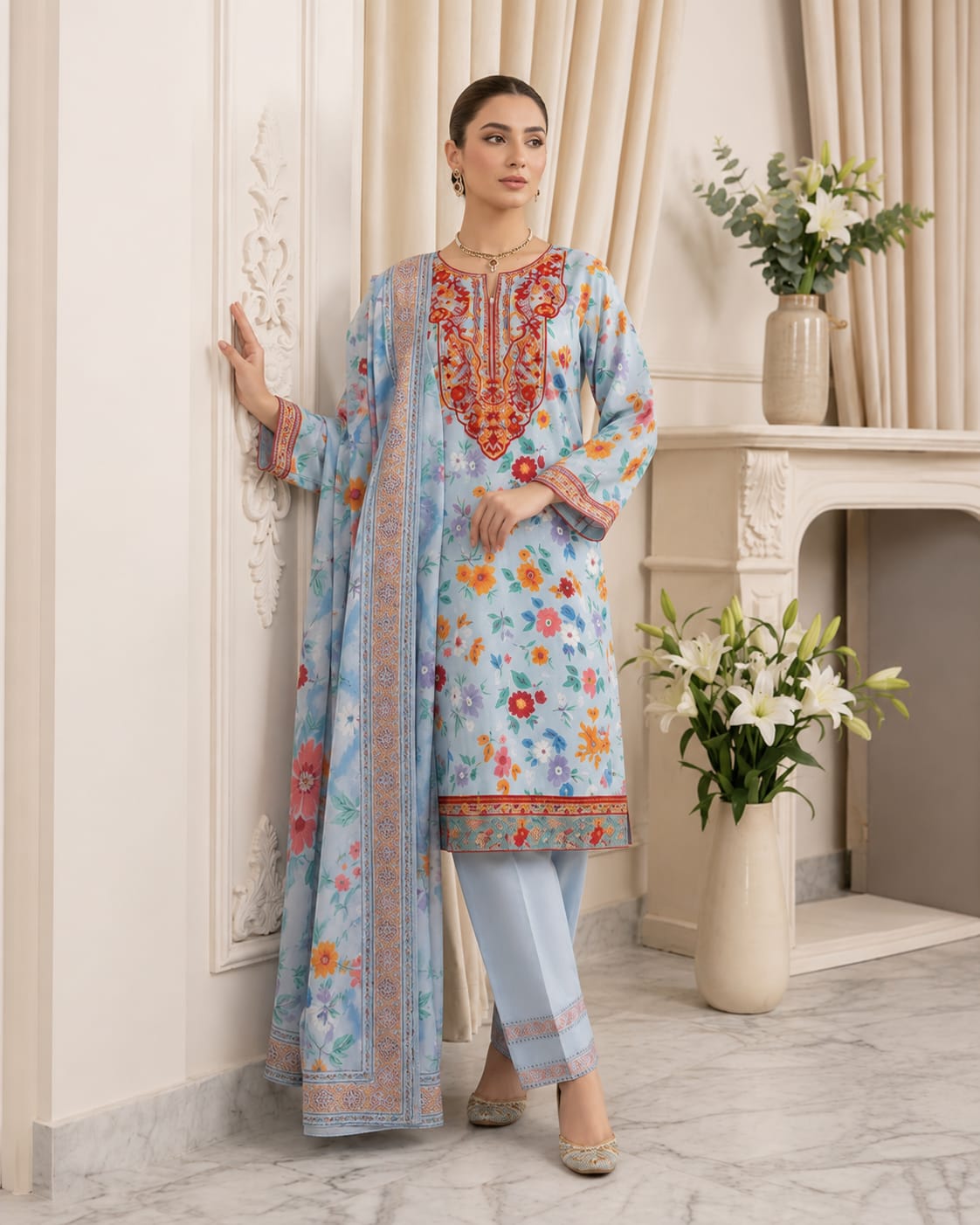 Blue Petal Charm – Embroidered 3PC Suit - Image 2