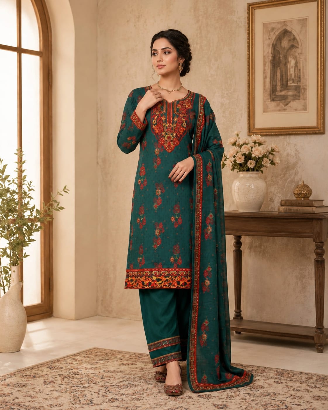 Emerald Royale – 3PC Embroidered Suit - Image 2