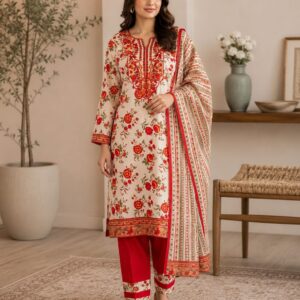 Scarlet Bloom - 3PC Embroidered Suit