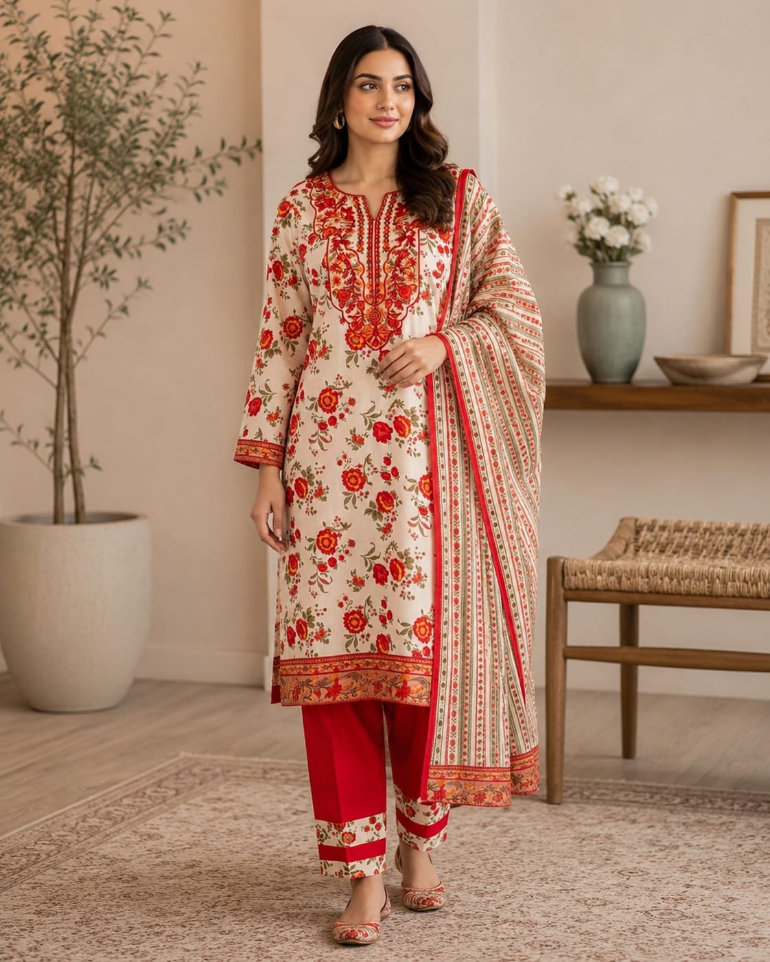 Scarlet Bloom - 3PC Embroidered Suit
