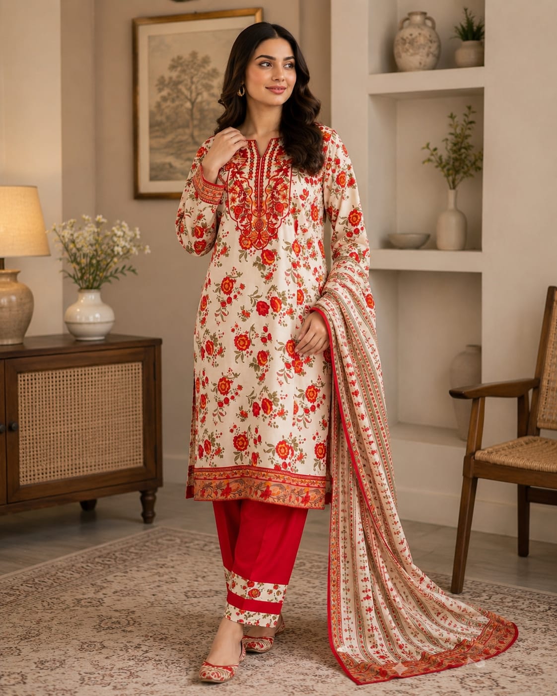 Scarlet Bloom - 3PC Embroidered Suit - Image 2